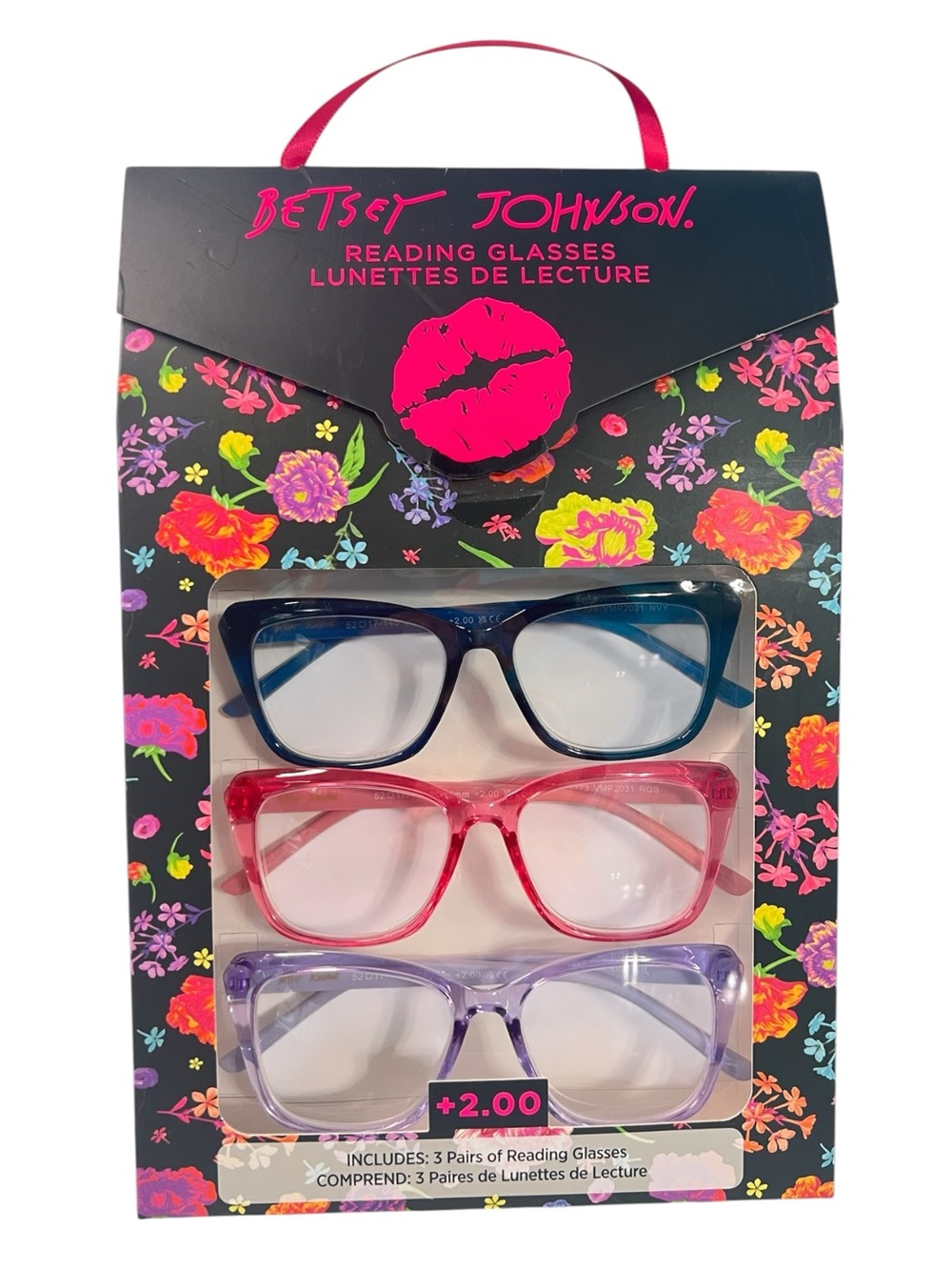 Betsey Johnson 3 Pack Reading Glasses Set +2.00 Strength Blue Pink Purple